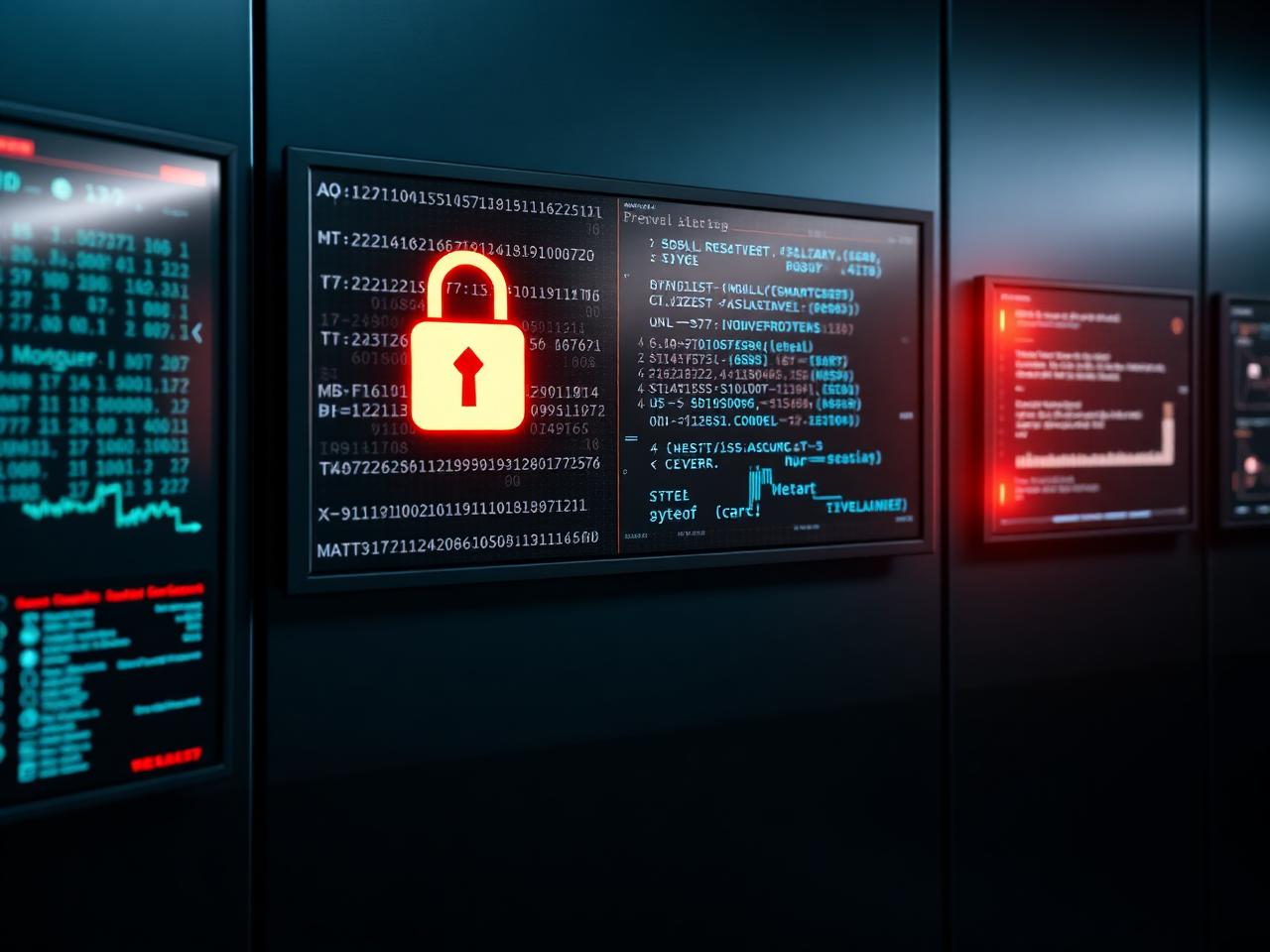 Security monitoring displays showing encrypted data streams and a lock indicator
