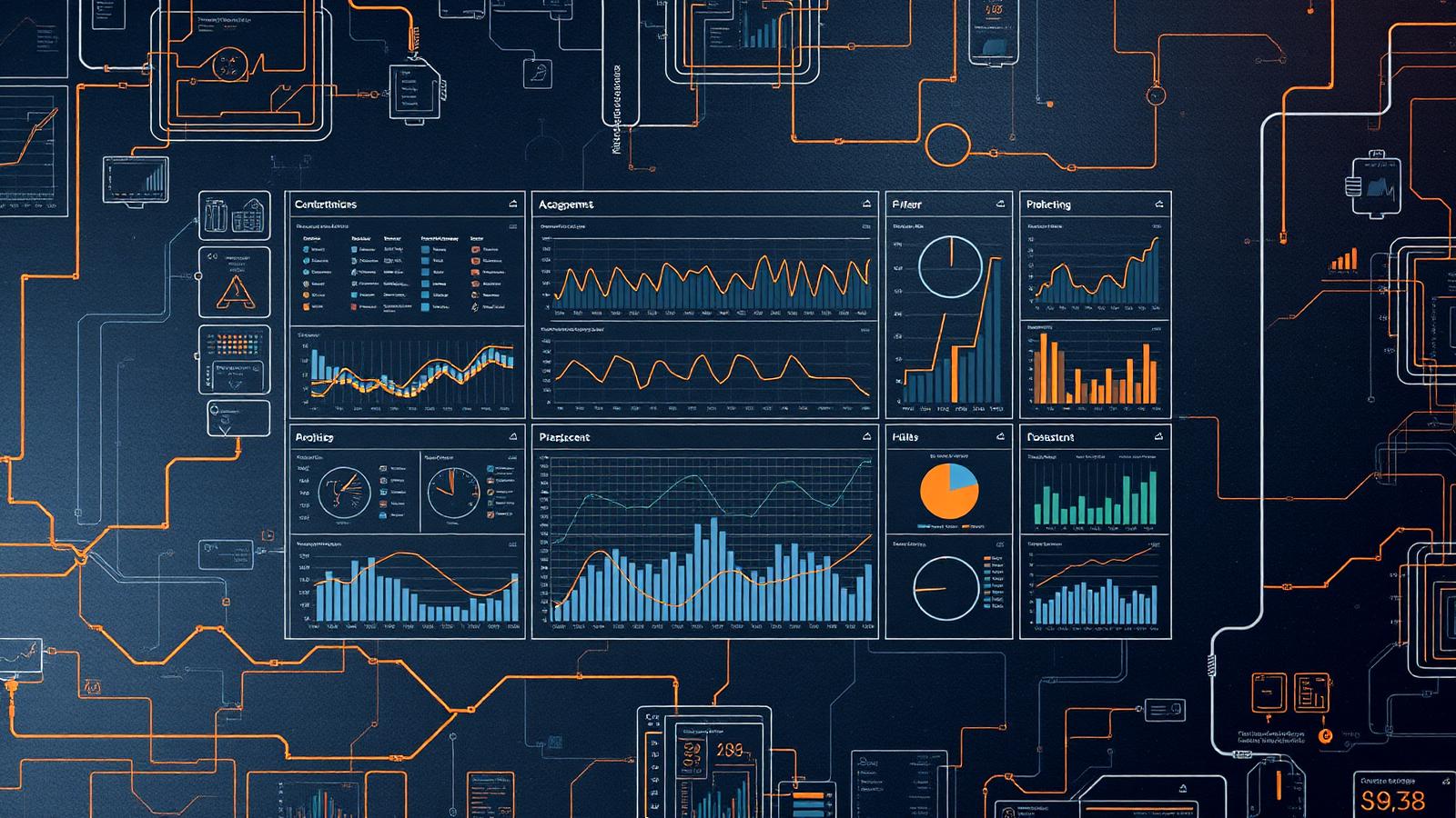 Data pipeline schematic with analytics charts on a dark technical background