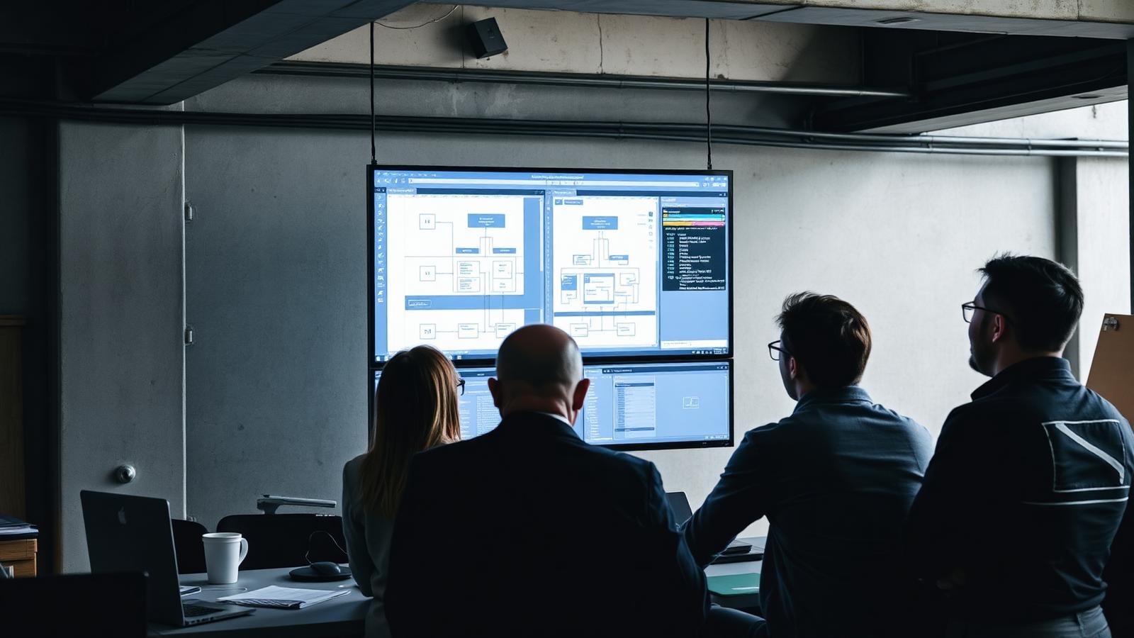 Engineers reviewing system architecture diagrams on a large screen in an industrial office