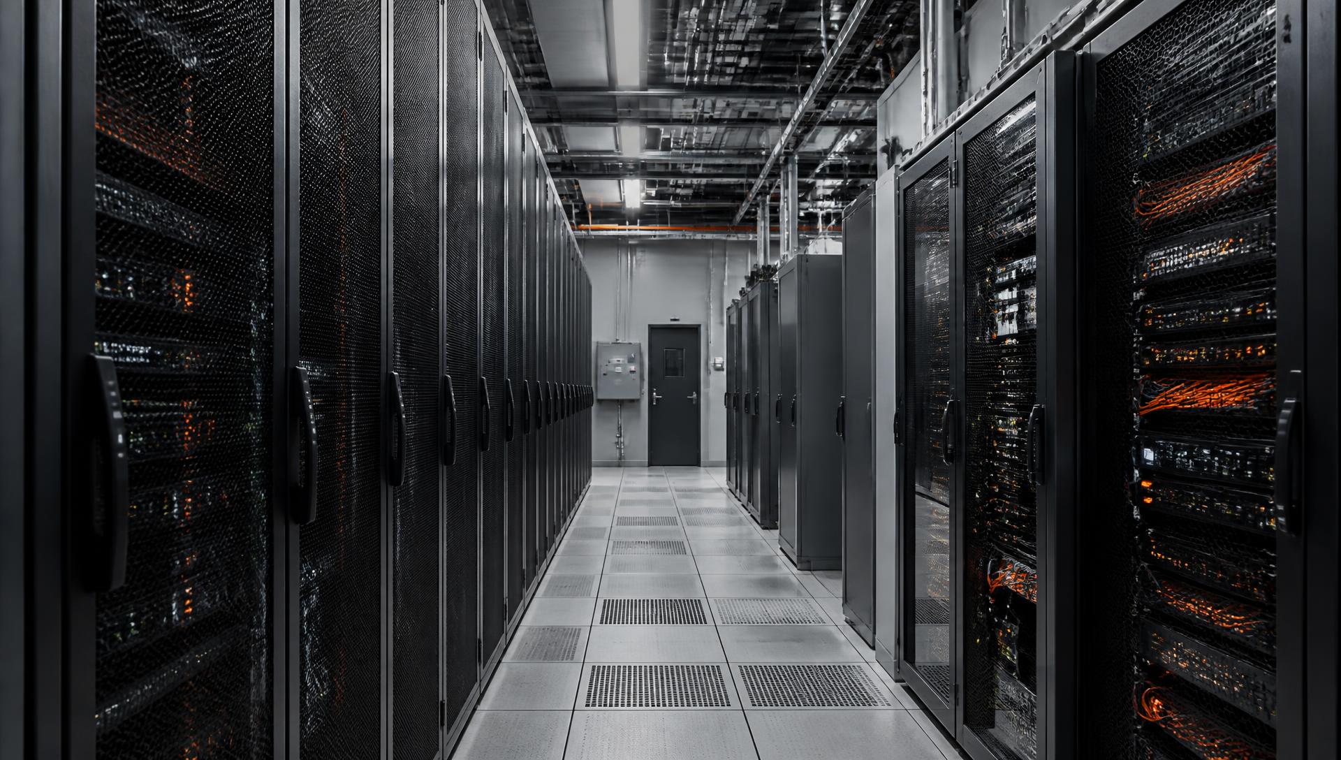 Aisle of graphite server racks in a data centre with cabling and indicator lights