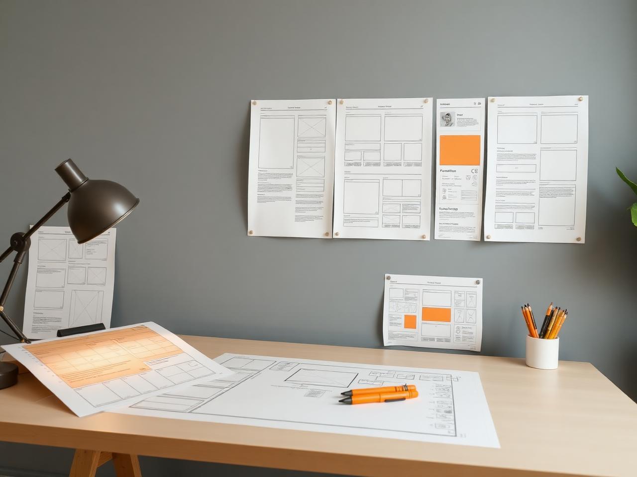 Interface wireframes and design sheets pinned above a drafting desk